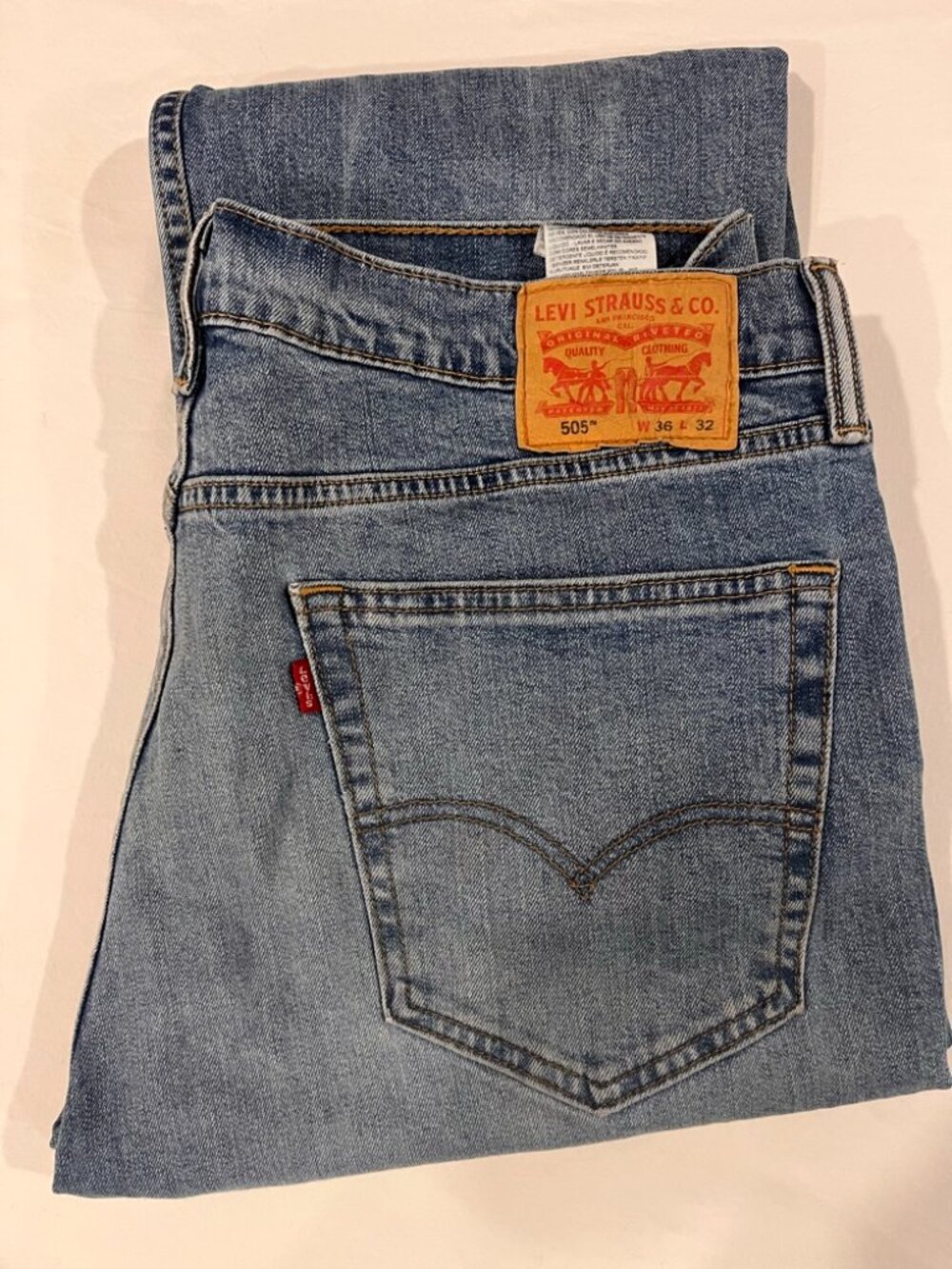 Levi’s 505 Regular Fit Jeans Mens 36x32 Light Wash Stretch Straight Leg Denim
